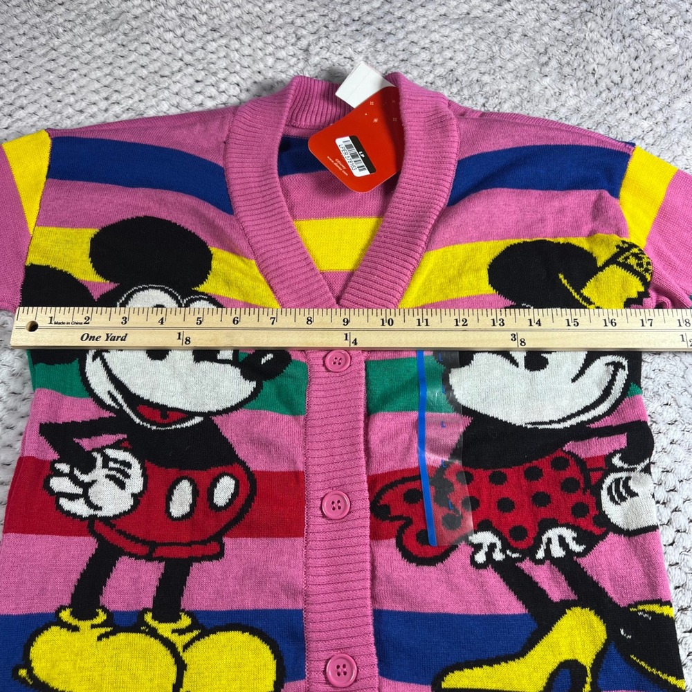 Disney Mickey Minnie Mouse Cardigan Sweater Pink Rainbow Stripe Size LARGE NWT - Picture 11 of 13